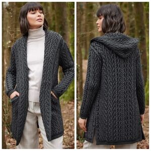 Aran Mor Irish Wool Cable Knit Hooded Cardigan Medium Charcoal Grey
